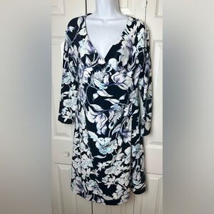 SOFT SURROUNDINGS Long Sleeve Faux Wrap Dress Floral Shift Sheath Black Blue